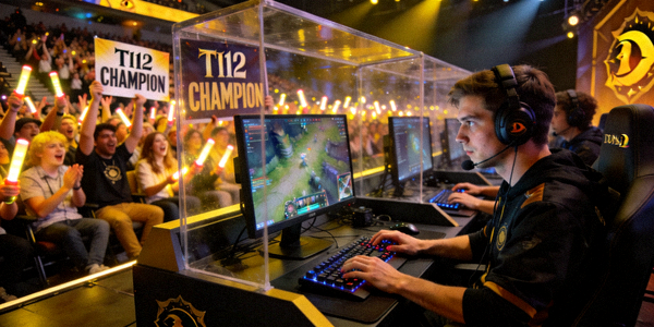 DOTA2国际邀请赛主舞台 - 选手在隔音房内专注操作，观众欢呼